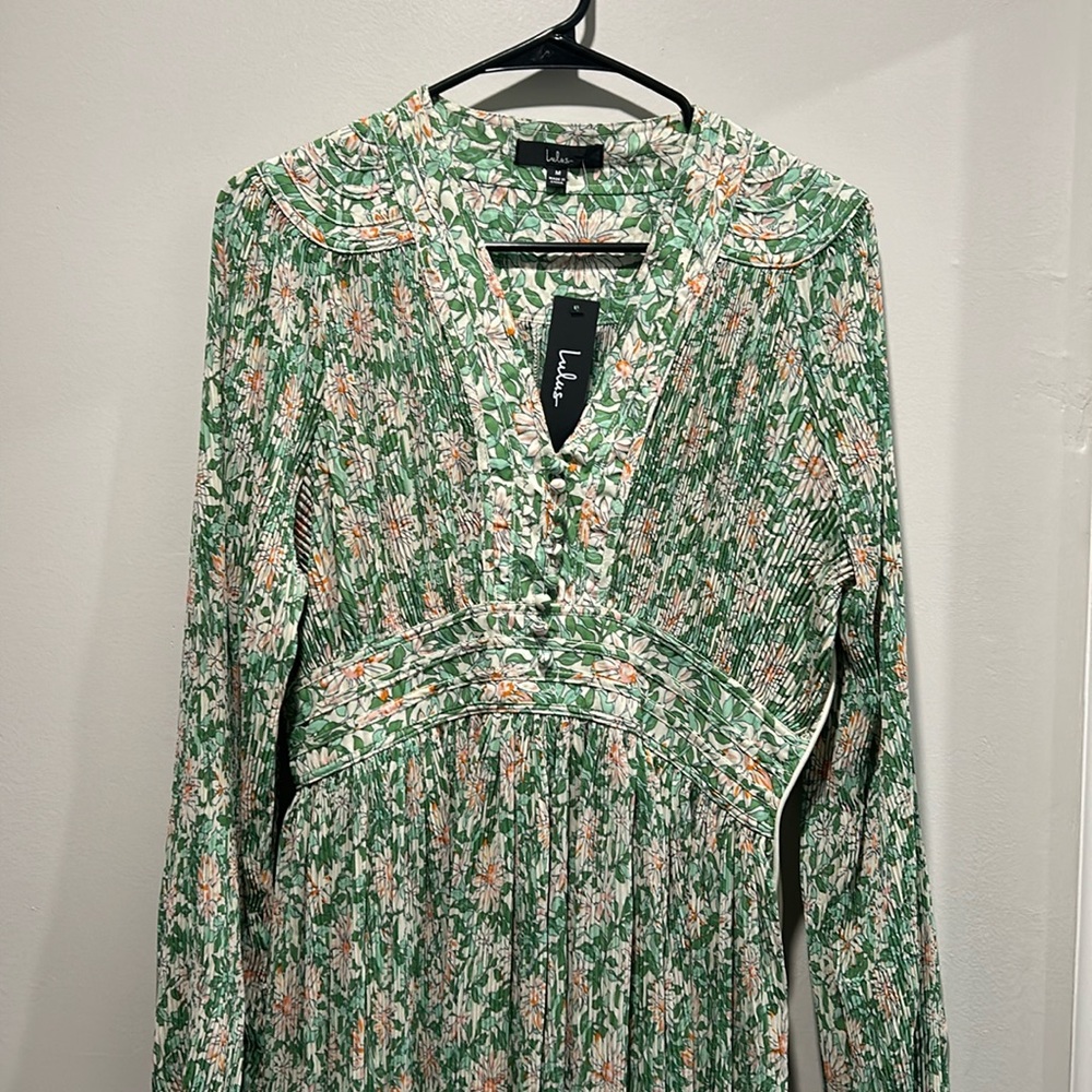 Garden Dancer Green Floral Print Pleated Long Sleeve Midi Dress lulus